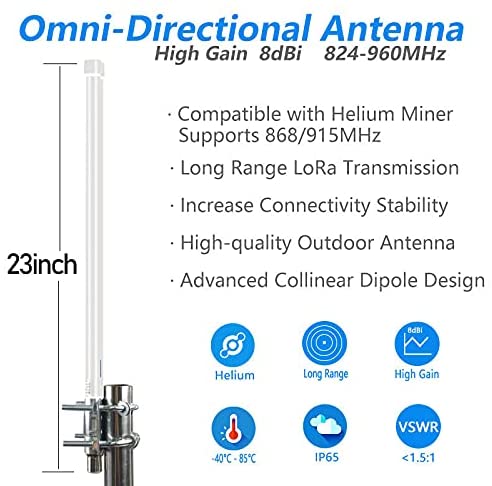8dBi Helium LoRa Fiberglass Omni Antenna 23.62 inch Hnt Rak Bobcat 915MHz Nebra
